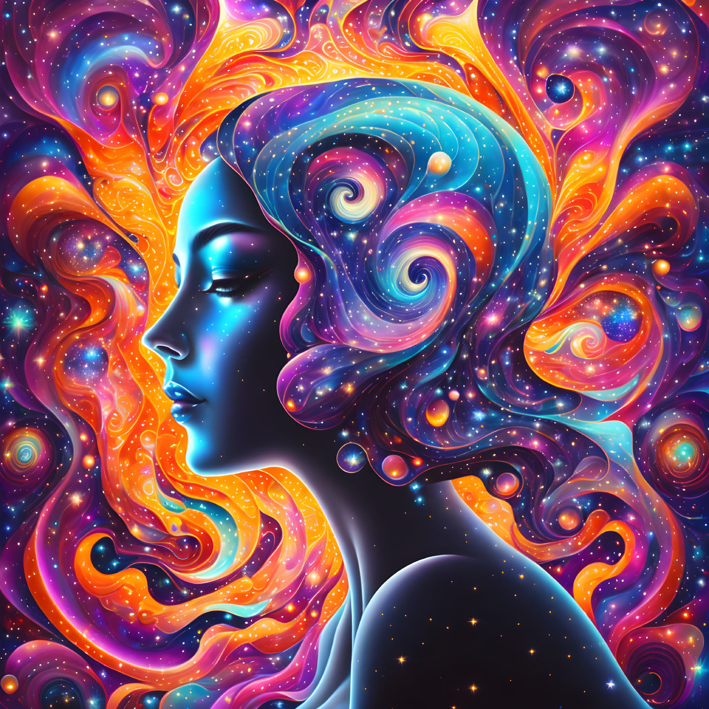 Cosmic-themed digital art of a woman with swirling galaxies and stars in her hair