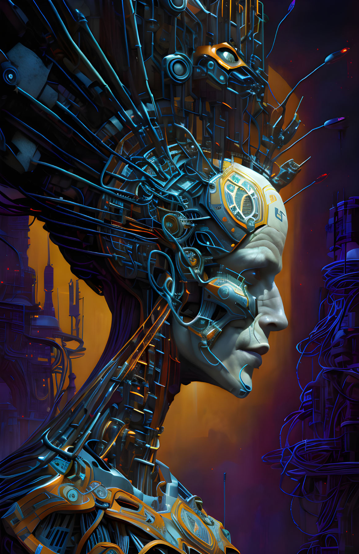 Futuristic cyborg profile with intricate cables and mechanical parts against industrial backdrop