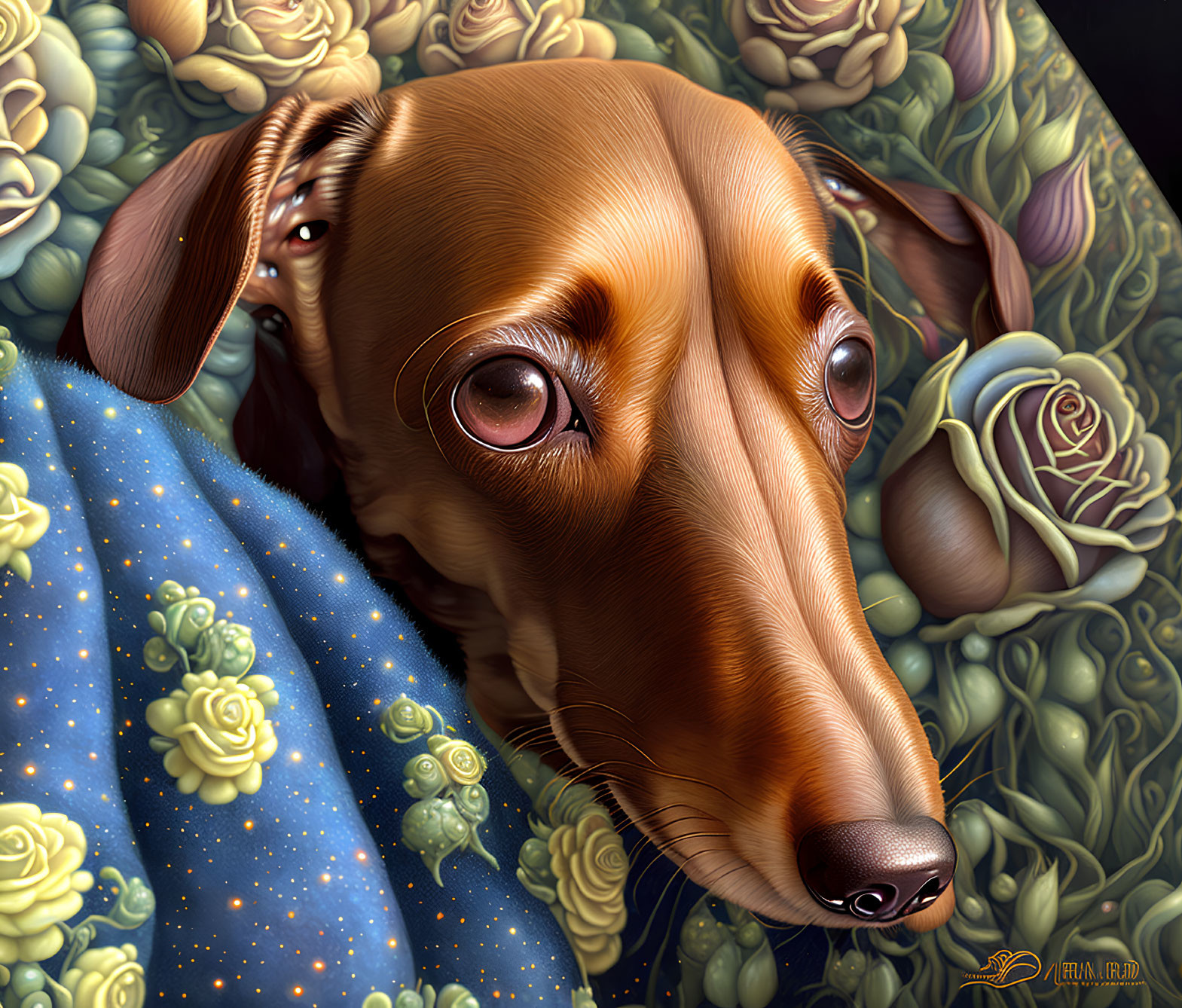 Detailed Illustration: Brown Dachshund Resting on Blue Blanket with Yellow Roses