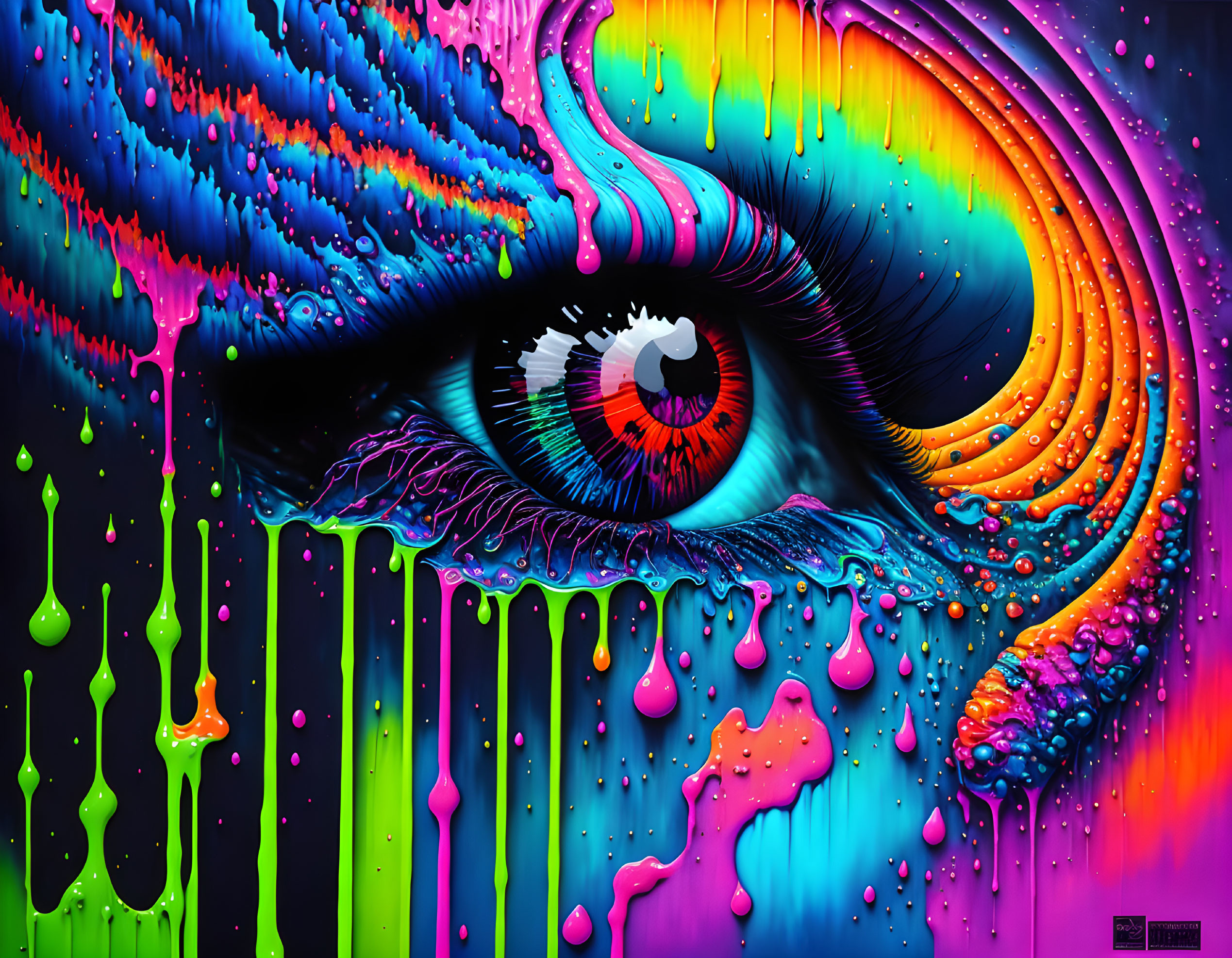 Colorful digital artwork: Hyper-colored eye in melting rainbow hues