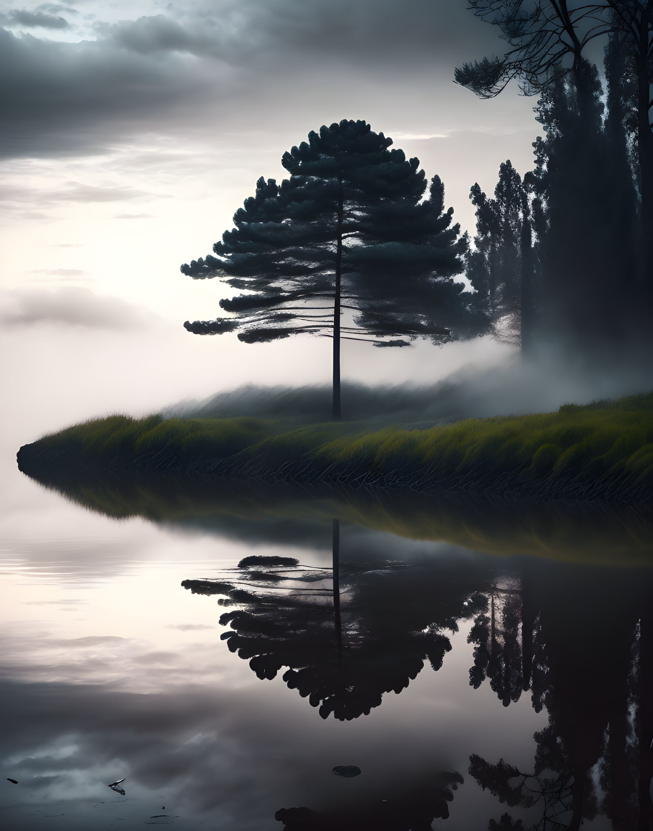 Tranquil lake landscape with lone tree and dense fog