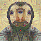 Symmetrical digital artwork with humanoid faces and golden patterns