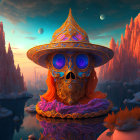 Colorful digital artwork: Skull with blue eyes, golden hat, textured scarf on orange landscape with floating