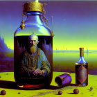 Man with beard in large bottle surrounded by surreal landscape with smaller bottle, cup, and spilled beans.