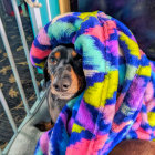 Whimsical black dachshund portrait with blue and purple flowers in surreal setting