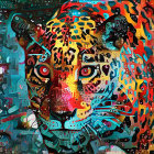 Colorful Leopard Image with Intense Orange Eyes and Patterned Background