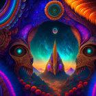 Colorful Psychedelic Landscape with Mountains, Celestial Bodies, and Eyes