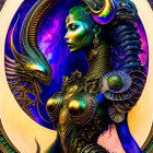 Vibrant digital artwork of female figure in blue skin with ornate golden armor and serpentine