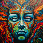 Colorful surreal artwork: face with tree-like features and blue eyes