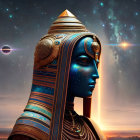 Robotic Egyptian Pharaoh head with cosmic backdrop and stars.