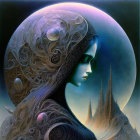 Surreal digital artwork of woman with ornate headgear against cosmic backdrop