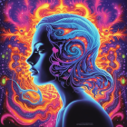 Cosmic-themed digital art of a woman with swirling galaxies and stars in her hair