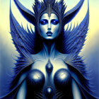 Symmetrical digital artwork of character with blue and black plumage and elaborate headdress