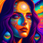 Colorful portrait of a woman with celestial patterns and third eye, cosmic motifs.