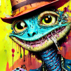 Whimsical anthropomorphic lizard with hat in vibrant colors