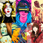 Colorful Collage of Stylized Female Portraits with Cosmic and Musical Themes