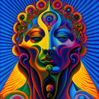 Colorful Psychedelic Artwork: Symmetrical Face Portrait with Flowing Patterns & Third Eye