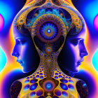 Vibrant digital artwork: Mirrored woman profiles in colorful mandala backdrop