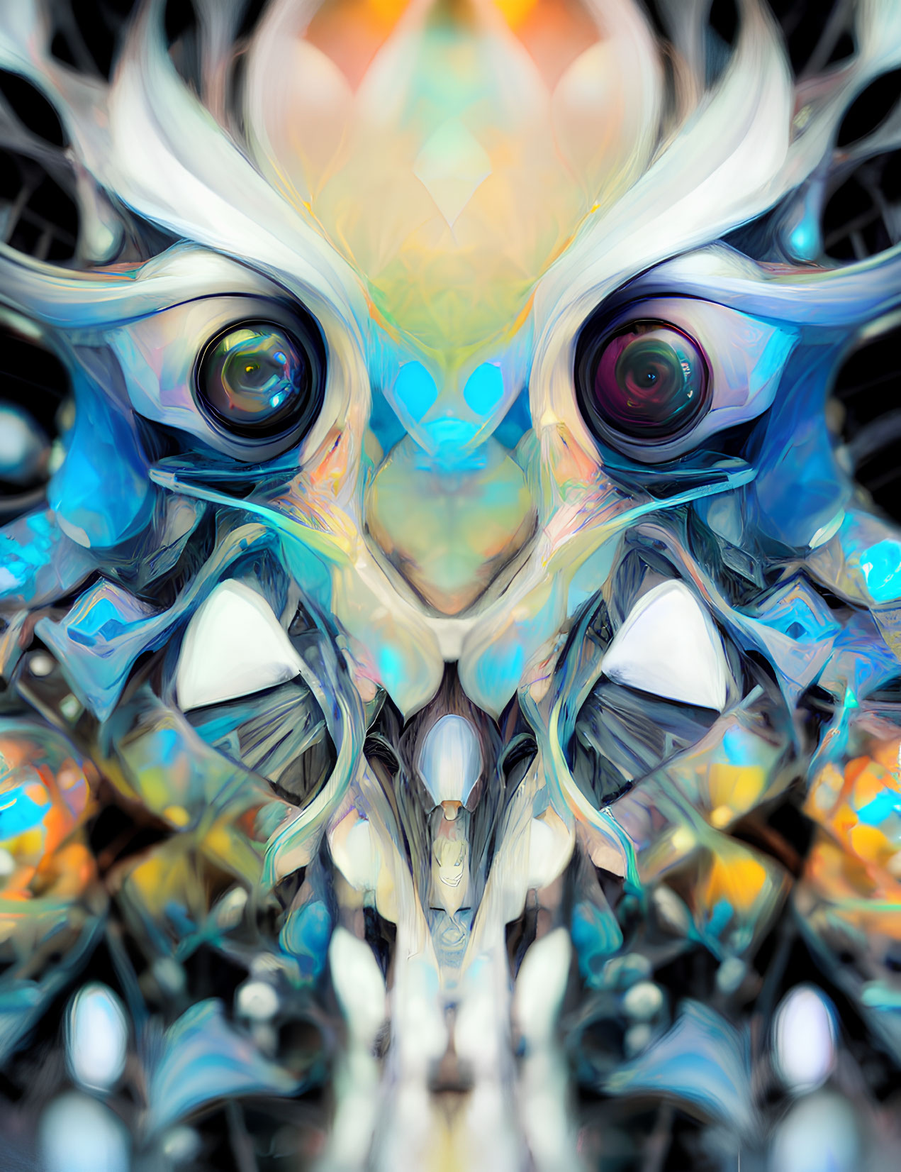 Symmetrical Abstract Digital Art: Vibrant Kaleidoscopic Owl Eyes