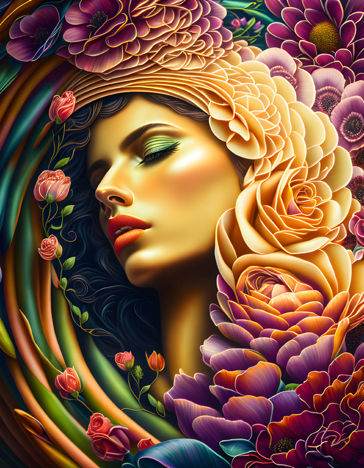 Colorful Floral Hair Woman Illustration on Dark Background