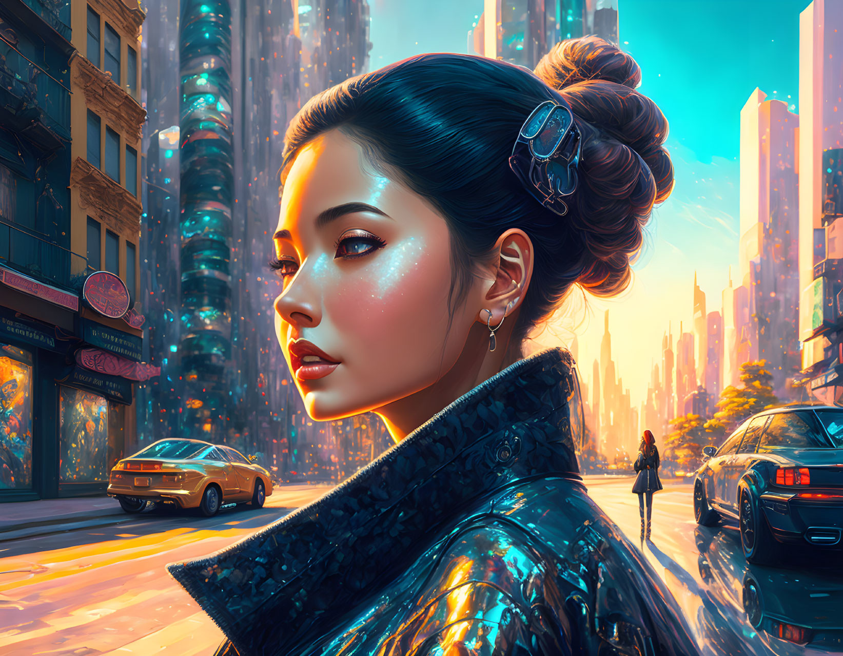 Futuristic digital art of woman with bun and hair clip in urban setting