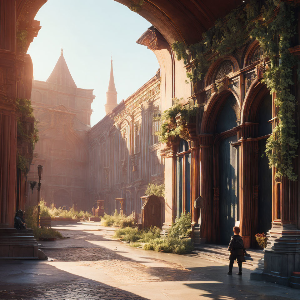 Sunlit Gothic courtyard with greenery and cobblestone paths