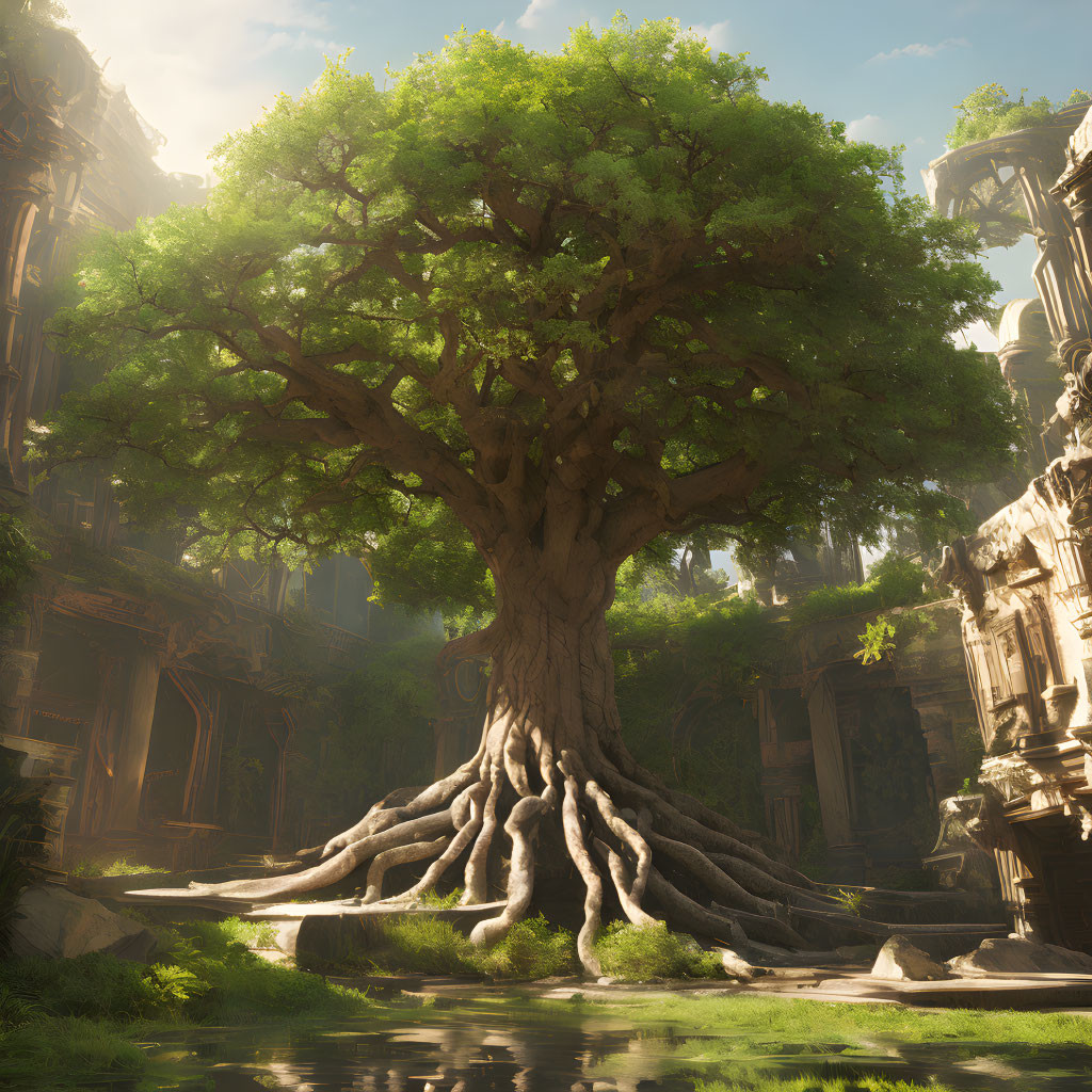 Ancient ruin scene with majestic tree and calm water