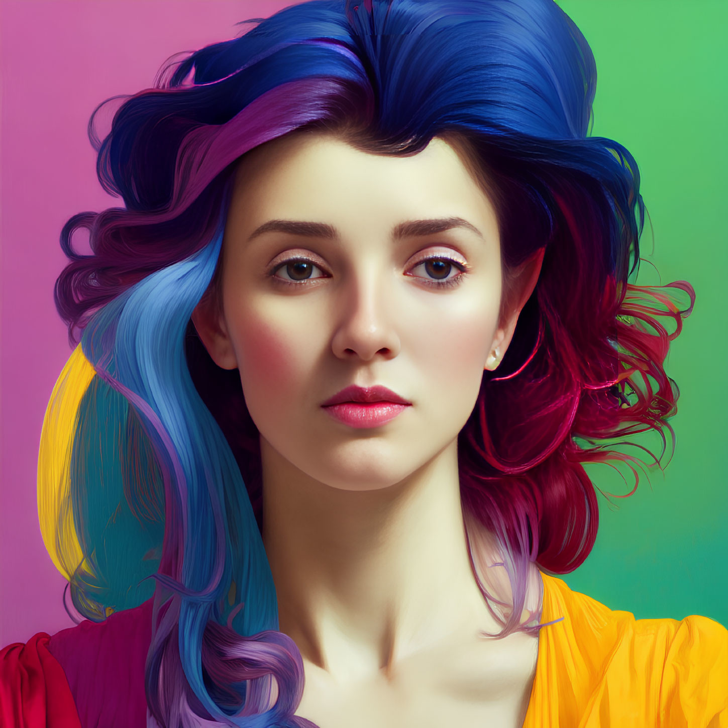 Vibrant multicolored hair woman in serious gaze against colorful background