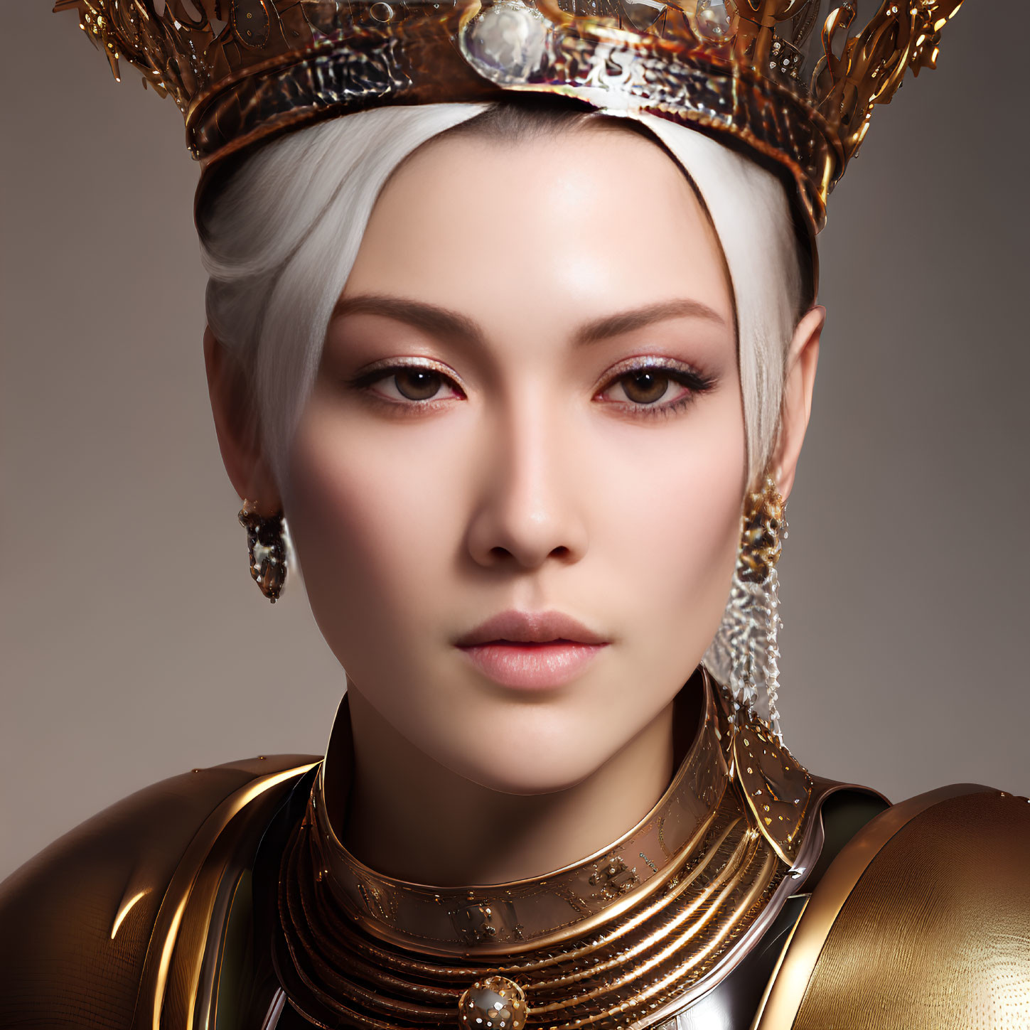 Regal woman in white hair, golden crown, armor, pearls, and jewelry.