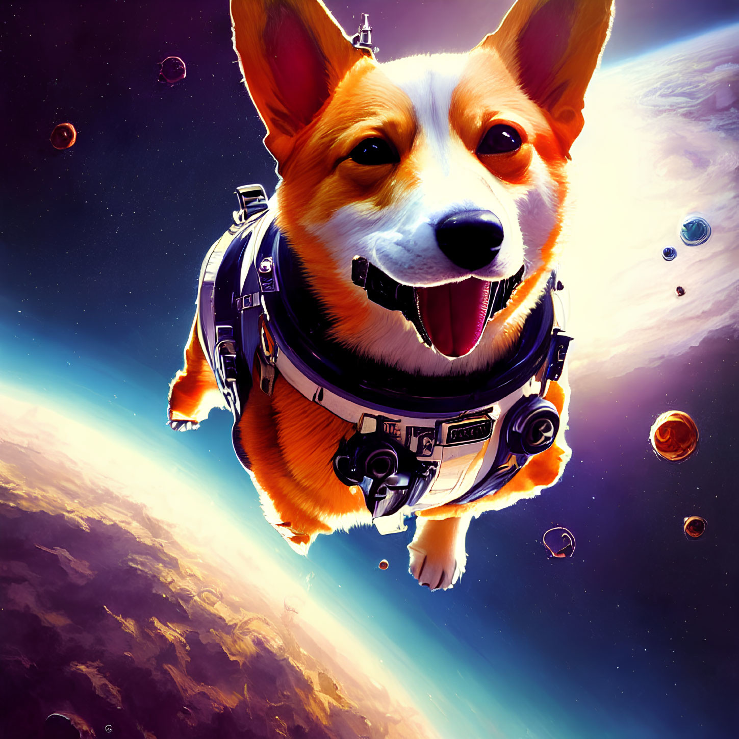 Corgi in Spacesuit Floating Among Planets