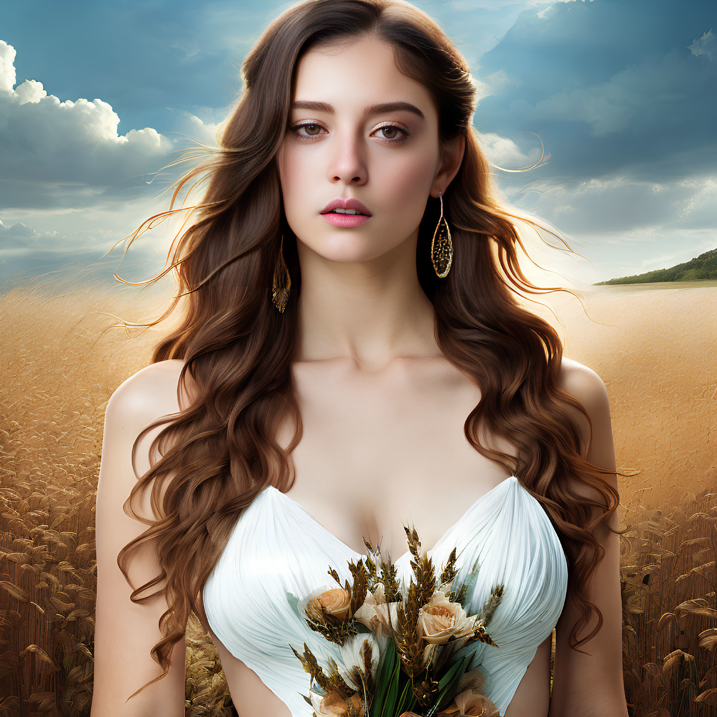 Woman with long wavy hair in white dress holding bouquet in wheat field.