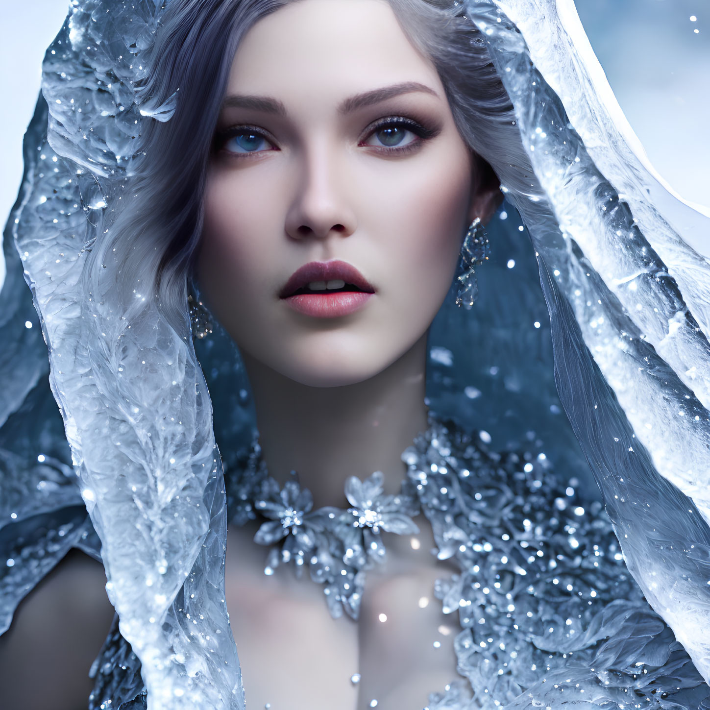 Woman with piercing blue eyes in translucent ice-like fabric