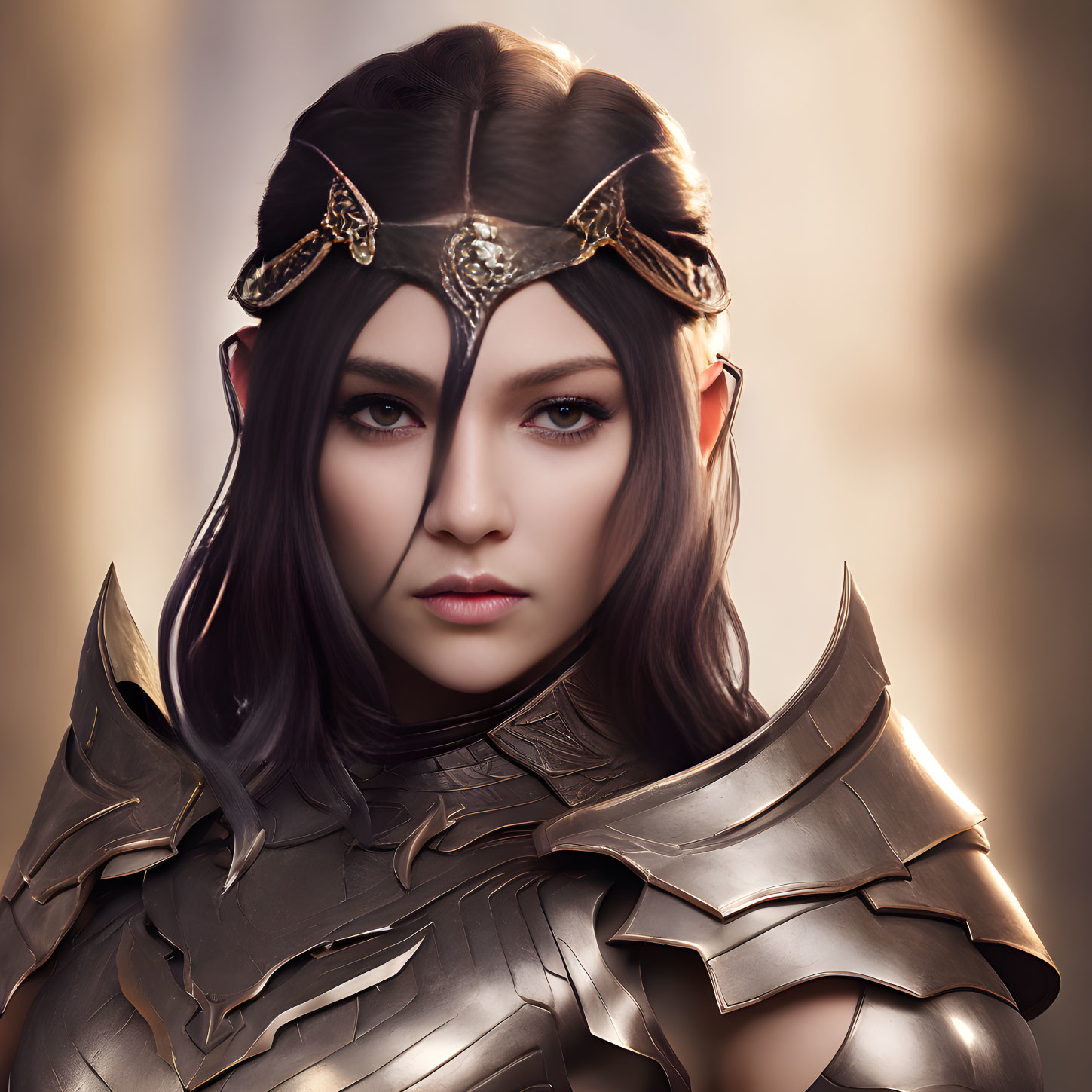 Fantasy warrior female in ornate armor and headpiece on blurred backdrop