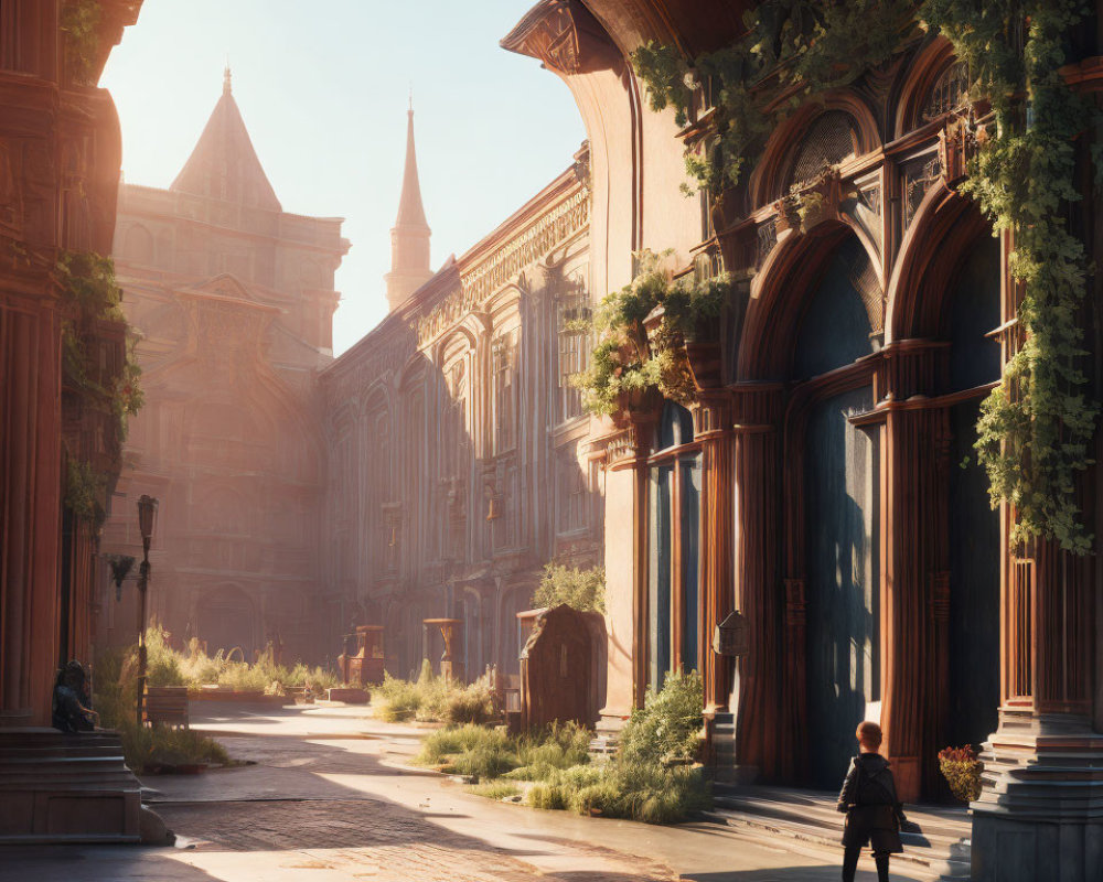 Sunlit Gothic courtyard with greenery and cobblestone paths