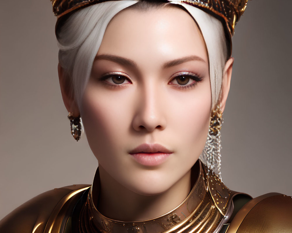 Regal woman in white hair, golden crown, armor, pearls, and jewelry.