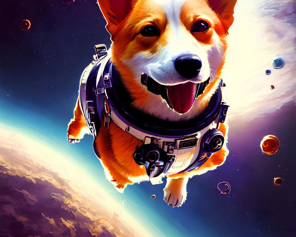 Corgi in Spacesuit Floating Among Planets