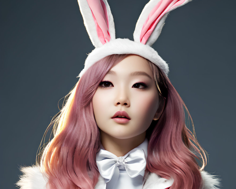 Person in Bunny Costume with Pink Hair and Bowtie on Gray Background