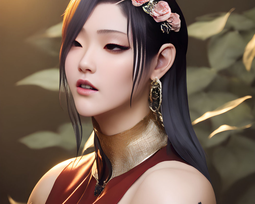 Digital portrait of woman with floral hair accessories, striking makeup, golden choker, and shoulder tattoo