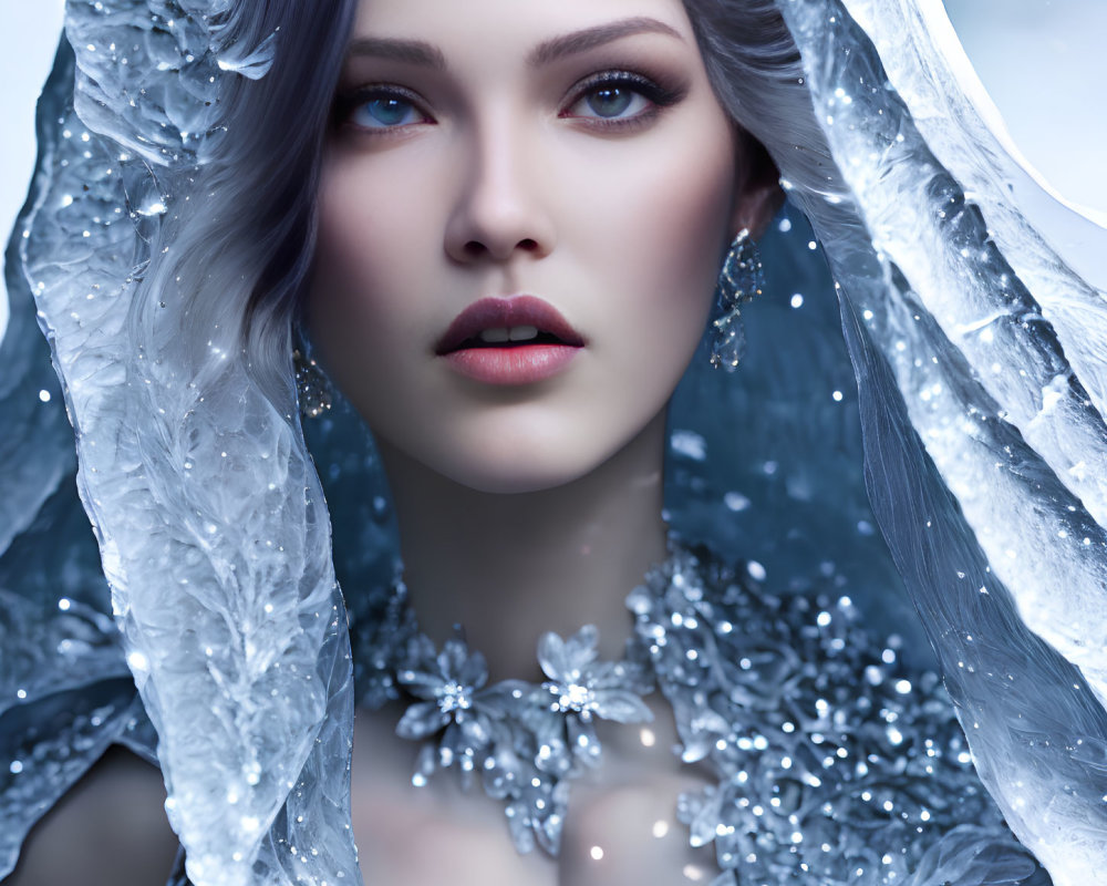 Woman with piercing blue eyes in translucent ice-like fabric