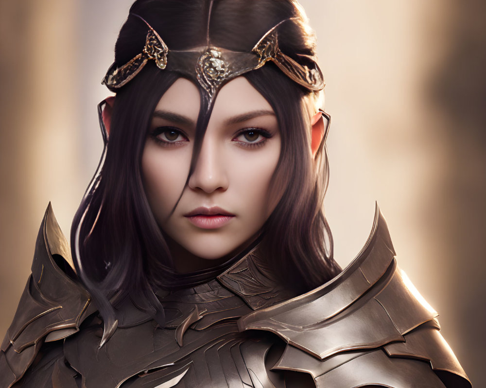 Fantasy warrior female in ornate armor and headpiece on blurred backdrop