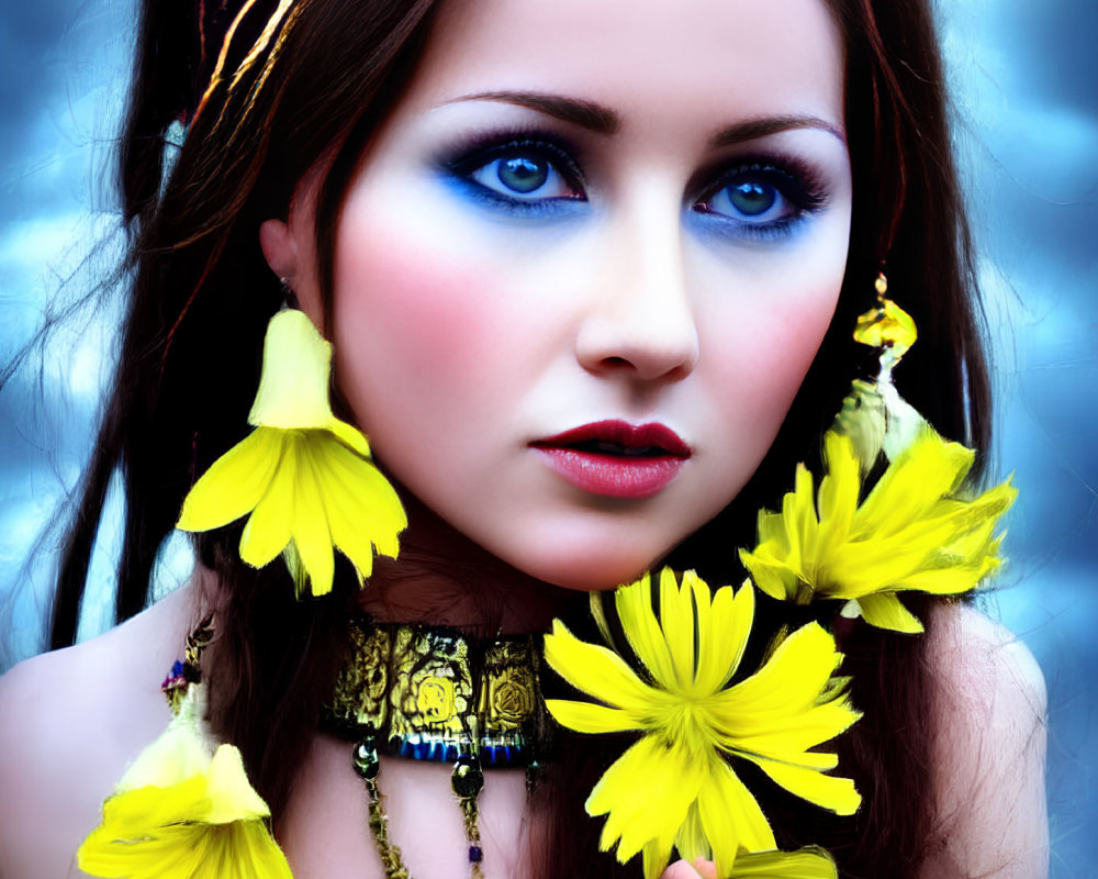 Woman with Striking Blue Eyeshadow and Tribal Necklace