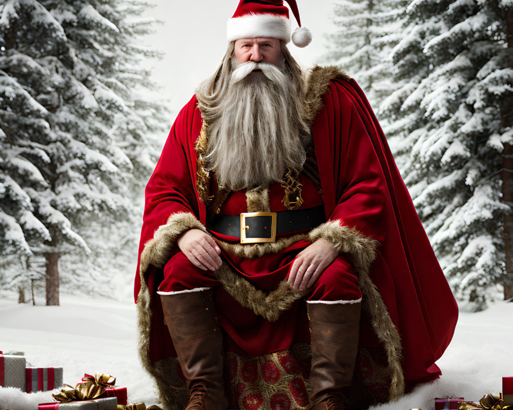 Santa Claus on Throne Surrounded by Gifts and Snowy Trees