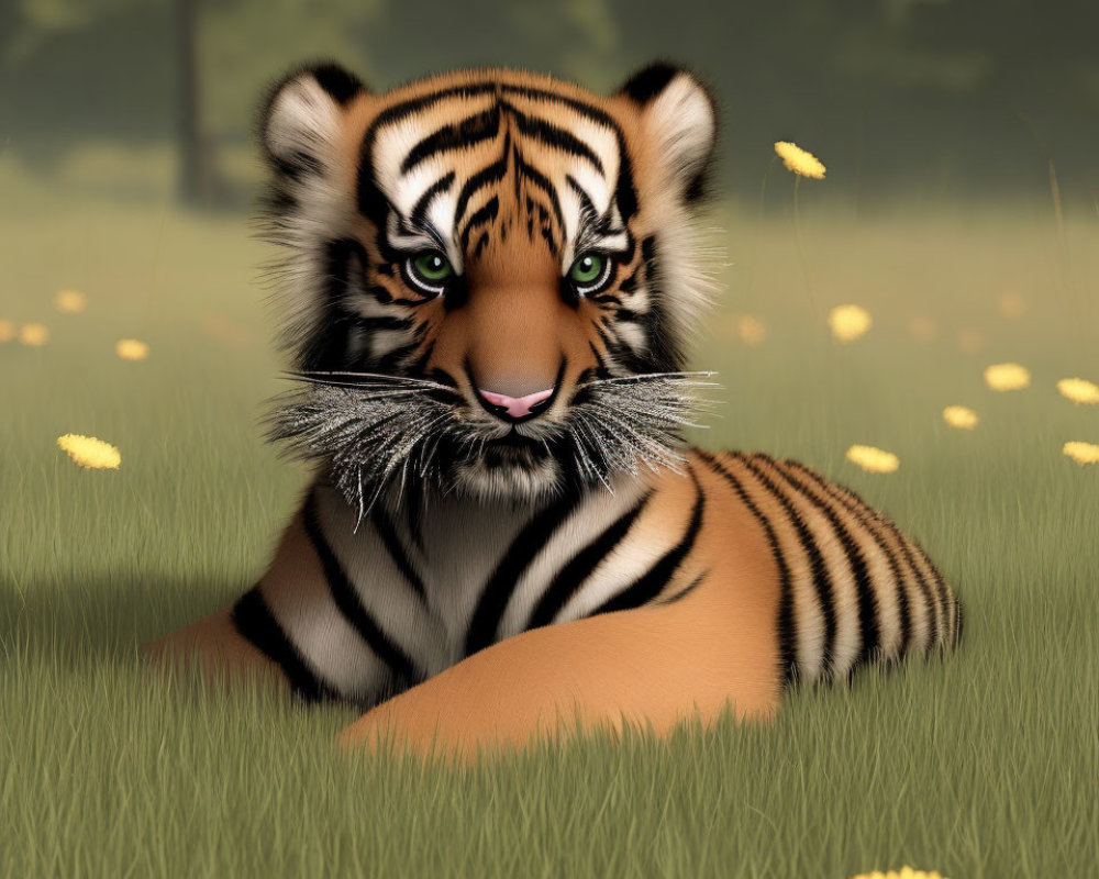 Young tiger cub with black stripes in field of yellow flowers and floating dandelions