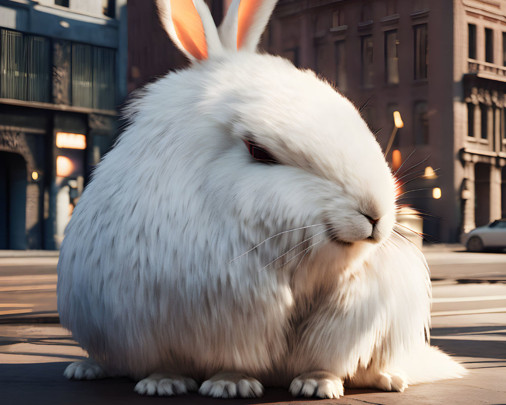 Large white fluffy rabbit in urban street under sunlight