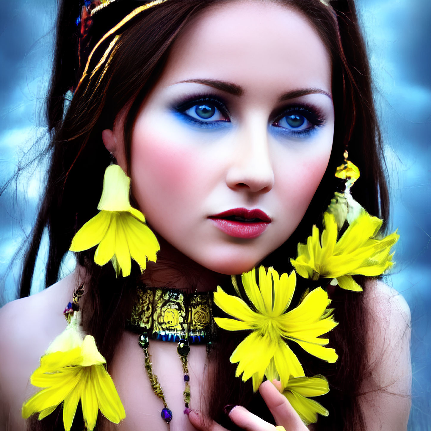 Woman with Striking Blue Eyeshadow and Tribal Necklace