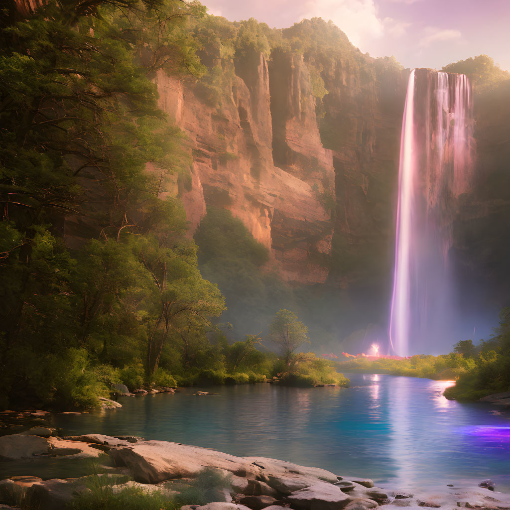 Serene waterfall flowing into lush river amid green cliffs