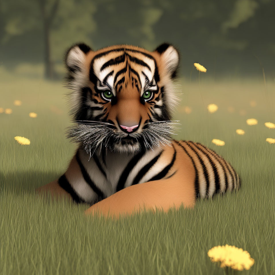 Young tiger cub with black stripes in field of yellow flowers and floating dandelions