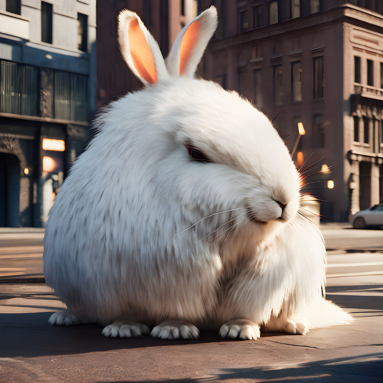 Large white fluffy rabbit in urban street under sunlight