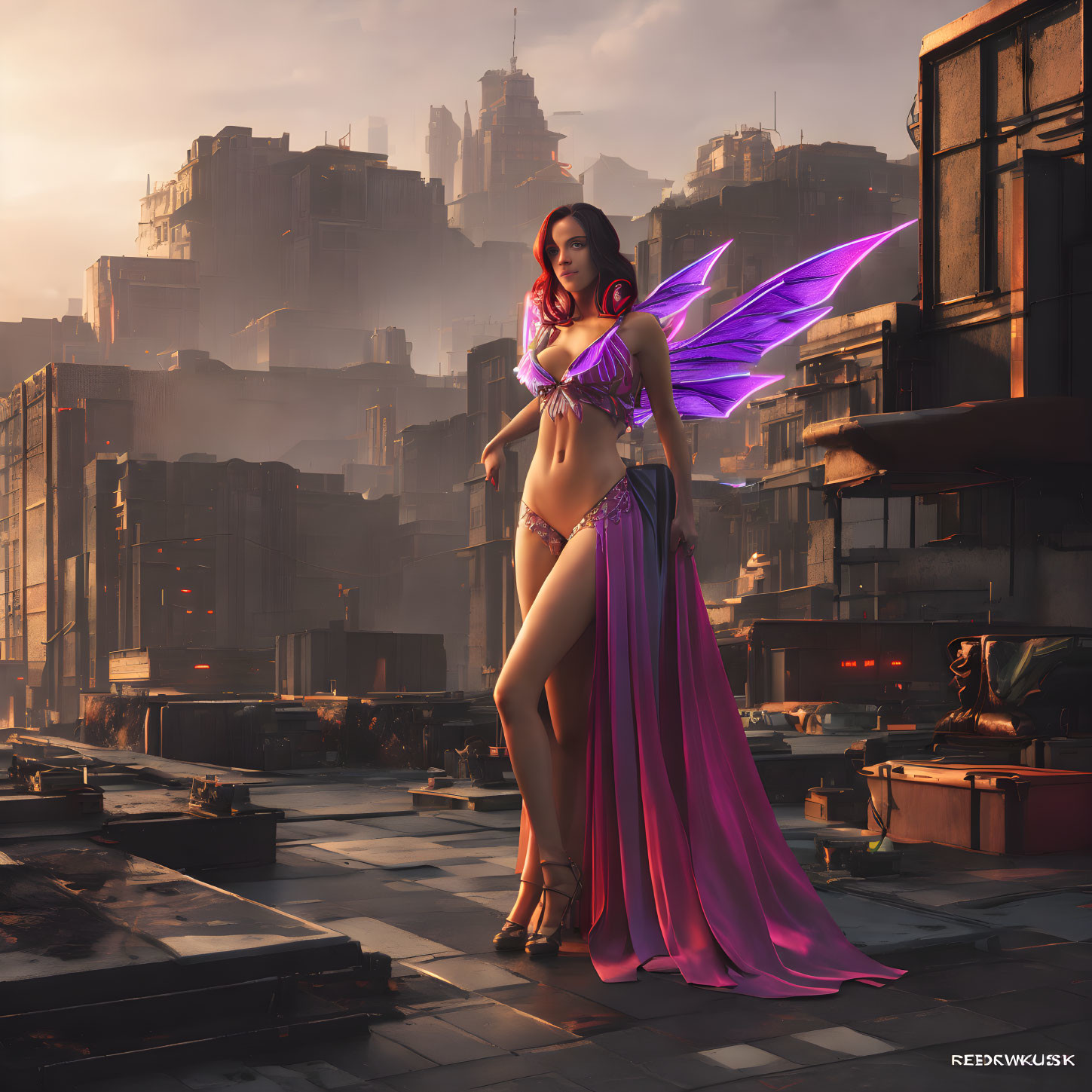 Digital artwork: Woman with fairy wings in futuristic cityscape at sunrise