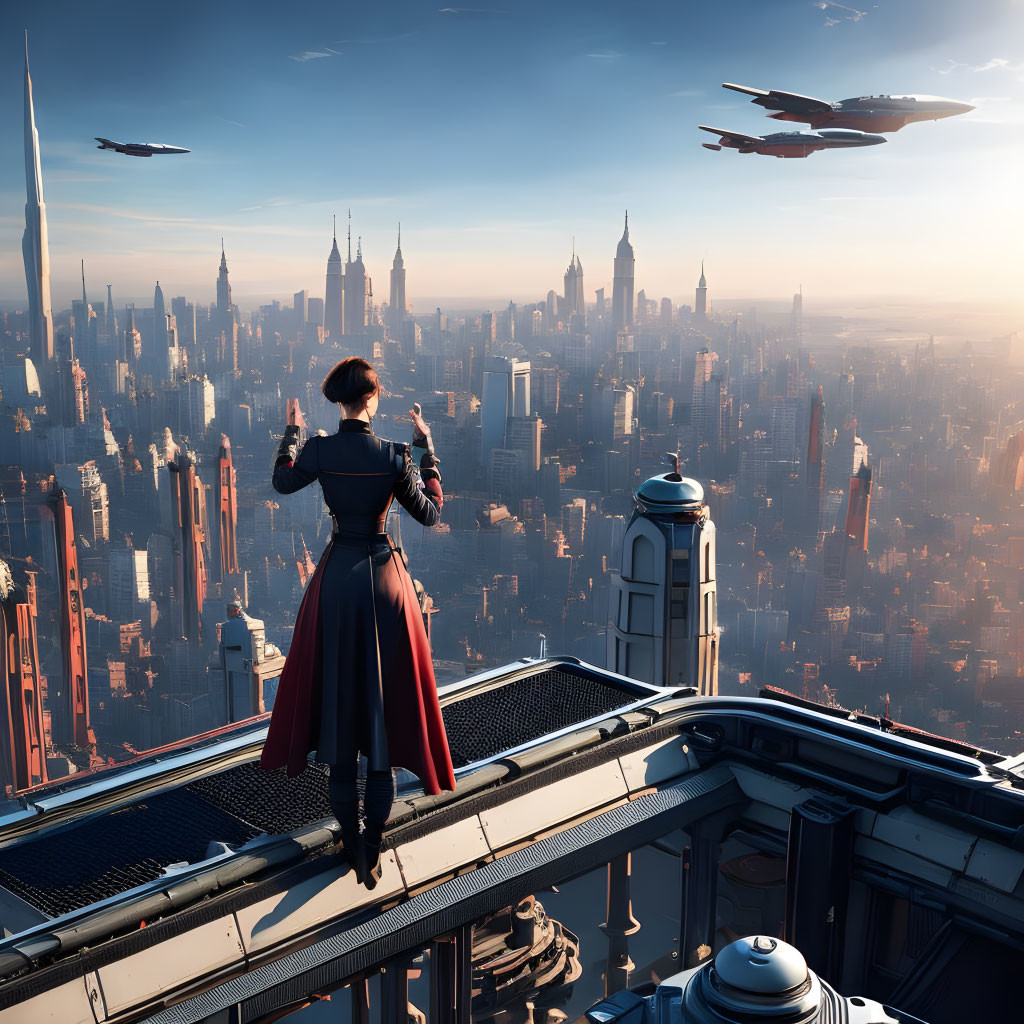 Futuristic cityscape balcony with person and robot overlooking flying vehicles and skyscrapers